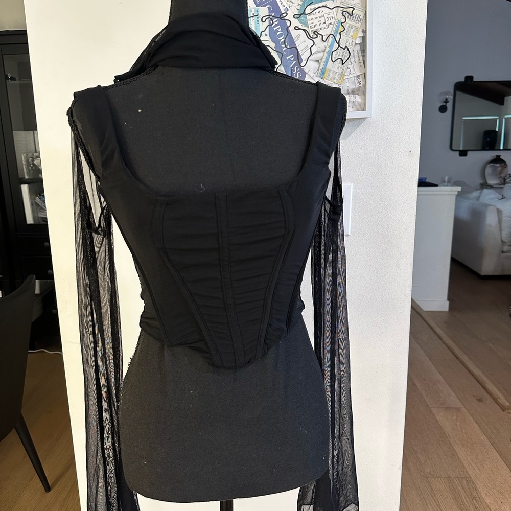 House of CB Black Corset Top with Sheer Sleeves - Picture 2 of 5